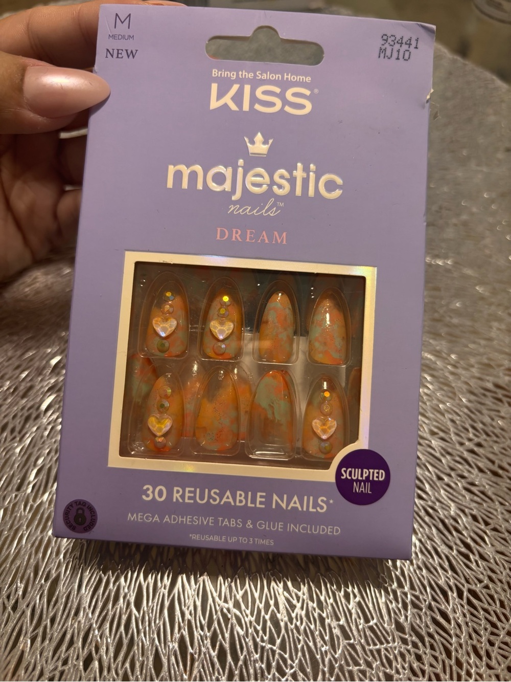 Kiss Majestic Nails Dream Orange Marble Reusable Press-On Set with Heart Gems